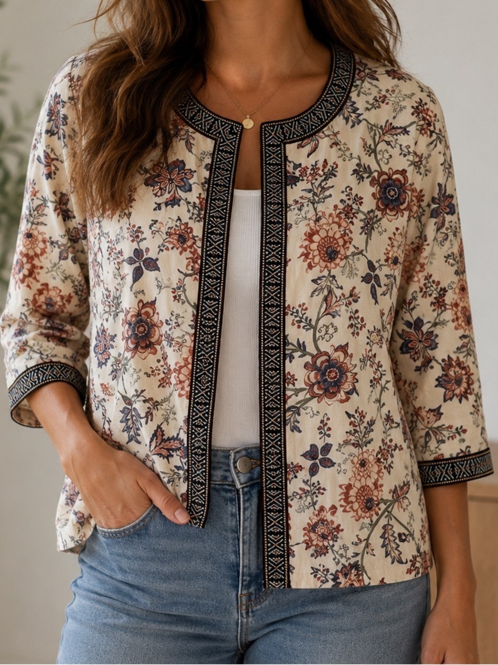 People XS Floral Open Front Cardigan Boho Embroidered Trim 3/4 Sleeve